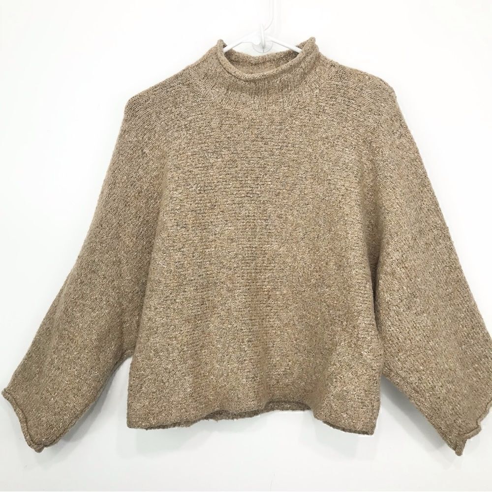 William Rast Tan Tight Knit Mock Neck Dolman Sleeve Crop Pullover Sweater